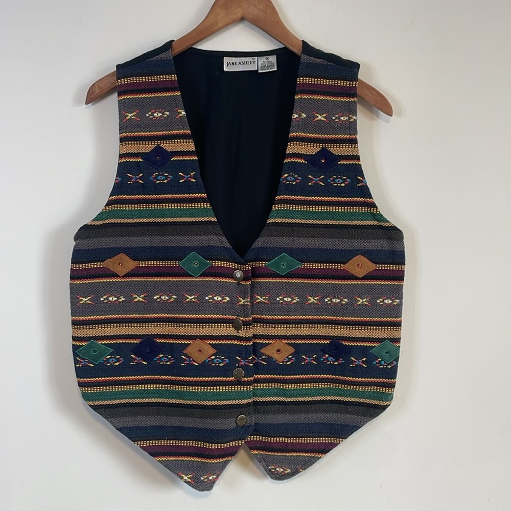 VTG Jane Ashley Tapestry Vest Med 90s Experimental Eclectic Black Aztec Western